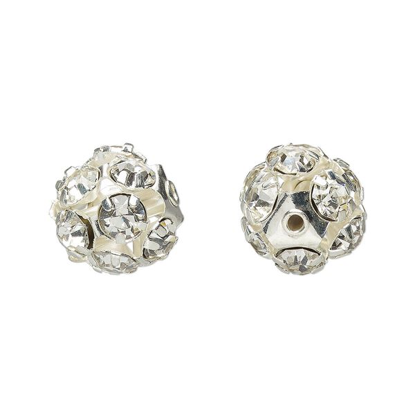 Bead 1pkg6 imitation rhodium-plated, 12mm round, brass / Egyptian glass rhinestone / clear image number 0