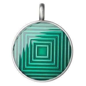 Pendant, epoxy and "pewter" (zinc-based alloy), green, 44x35mm single-sided matte round with graduated square design. Sold individually.