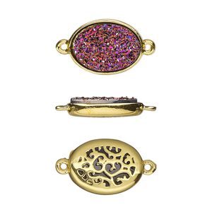 Link, Druzylite&trade;, "druzy" (resin) and gold-finished brass, metallic purple, 15.5x11.5mm two-sided oval with open filigree back. Sold per pkg of 4.