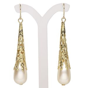 Earring, acrylic and gold-finished steel, white, 2-1/2 inches with teardrop and fishhook ear wire. Sold per pair.