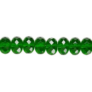 Bead, Czech fire-polished glass, translucent emerald green, 9x5mm faceted rondelle. Sold per 15-1/2" to 16" strand.