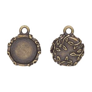 Drop, TierraCast&reg;, antique brass-plated pewter (tin-based alloy), 16mm round with leaf design, 12.5mm cabochon setting. Sold per pkg of 20.