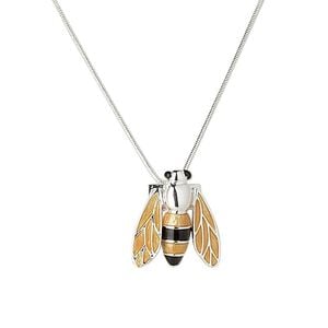 Necklace, silver-plated brass and enamel, yellow and black, 22x21mm bumblebee, 15" to 16" snake chain with 3-inch extender chain and lobster claw clasp. Sold individually.