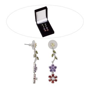 Earring, cubic zirconia / stainless steel / rhodium-finished brass, multicolored, 2 inches with flowers and leaves design with post. Sold per pair.