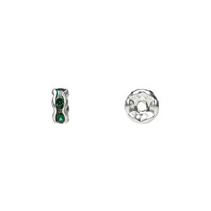 Bead 1pkg10 silver-plated, 6x3mm rondelle, brass / emerald green rhinestone
