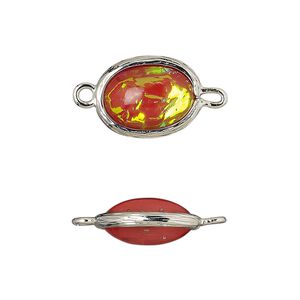 Link, Opalized Ice&trade;, "opal" (resin) and imitation rhodium-finished brass, opaque orange, 16x12mm double-sided oval. Sold per pkg of 4.
