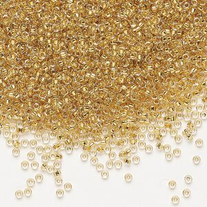 Seed bead, Miyuki, glass, pkg/250g, #15 rocaille, translucent 24Kt gold-lined crystal gold, (RR-195).