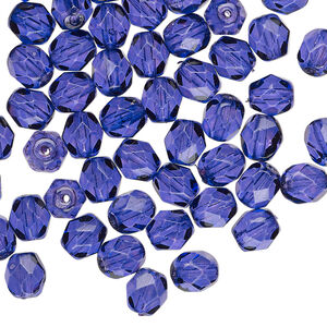 Bead, Czech fire-polished dipped d&eacute;cor glass, translucent cobalt, 6mm faceted round. Sold per 15-1/2" to 16" strand.