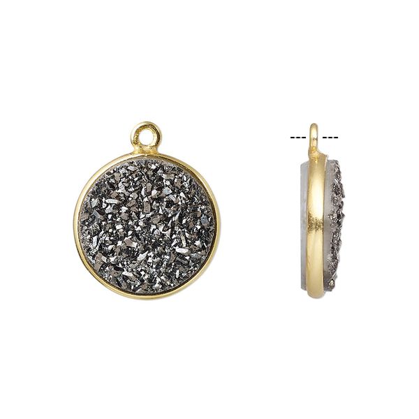 Druzy agate / sterling silver 1pkg1, electrocoated gold finished hand-cut flat round drop 15mm image number 0