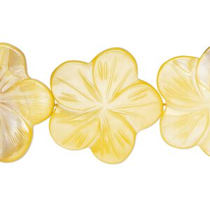 Mother-of-pearl shell 1pkg1, carved flat flower bead 15.5 to 16 inch golden yellow 24x23mm-26x25mm