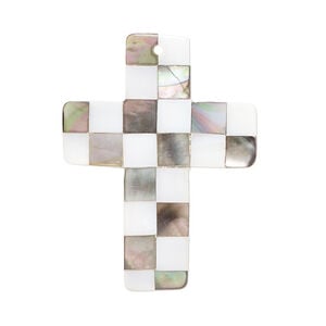 Focal, black lip shell / mother-of-pearl shell / resin (assembled) 1pkg1, 35x26mm-36x27mm top-drilled 1sided cross with checkerboard pattern.