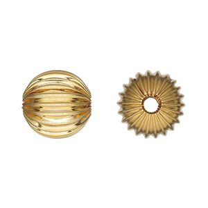 Bead 1pkg6 gold-plated, 14mm corrugated round, brass