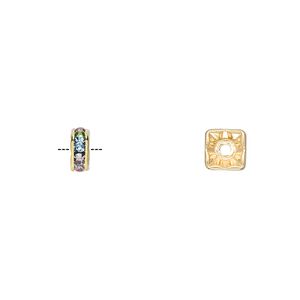 Bead 1pkg10 gold-finished, 6x3mm squaredelle, brass / light multicolored rhinestone