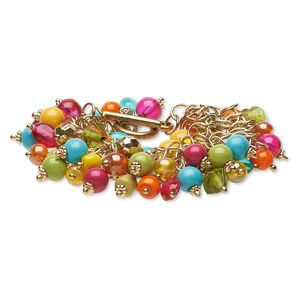 Bracelet, glass / gold-coated plastic / gold-finished steel, multicolored, 25mm wide, 7-1/2 inches with toggle clasp. Sold individually.