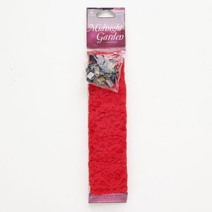 Ribbon and finding assortment 1pkg25 antique gold- / antique brass- / black-finished steel and brass / lace, red, 1 inch flat / 6x5.5mm steel textured ribbon crimp end / 9x4.5mm fold-over cord end.