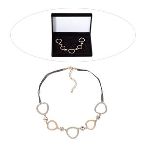 Necklace, Czech glass rhinestone / organza ribbon / rose gold-finished brass / steel / "pewter" (zinc-based alloy), clear and black, 16 inches with 2-inch extender chain and lobster claw clasp. Sold individually.