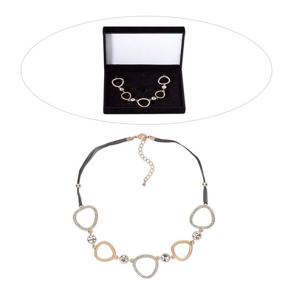 Necklace, Czech glass rhinestone / organza ribbon / rose gold-finished brass / steel / "pewter" (zinc-based alloy), clear and black, 16 inches with 2-inch extender chain and lobster claw clasp. Sold individually. image number 0