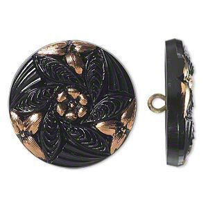 Button 1pkg1, Czech pressed glass and brass, black and gold, 27mm round with flower design and hidden open loop.