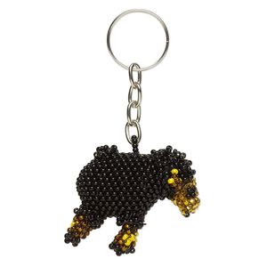 Keychain, glass and steel, black / gold / yellow, 3-1/2 inches with 43x40mm 3D sheep and 22mm split ring. Sold individually.