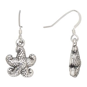 Earring, Create Compliments&reg;, antiqued fine silver, electroformed, 33.5mm beaded starfish with fishhook ear wire. Sold per pair.