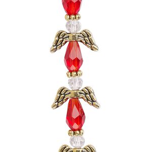 Bead mix 1pkg6 gold-finished "pewter", 17x14mm angel, red & clear / antique