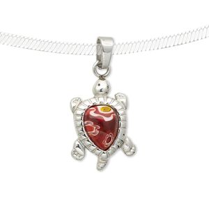 Pendant, millefiori glass and stainless steel, red and white, 20x15mm turtle. Sold individually.