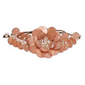 Bracelet, freshwater pearl shell (dyed) / felt / glass / waxed cotton cord, peach / brown / white, 45mm flower, adjustable from 6-1/2 to 8-1/2 inches with macram&eacute; knot closure. Sold individually.