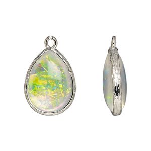Drop, Opalized Ice&trade;, "opal" (resin) and imitation rhodium-finished brass, opaque white, 19.5x15mm double-sided teardrop. Sold per pkg of 4.