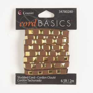 Cord 1pkg1, suede / gold-finished aluminum, brown, 7mm studded flat, 2 meters.