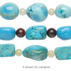Bead mix, "turquoise" (imitation) resin and multi-gemstone (natural / dyed), blue-green and blue, 6-8mm round and medium nugget. Sold per pkg of 7.