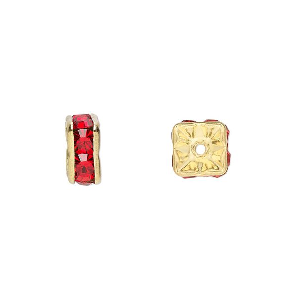 Bead 1pkg10 gold-finished, 8x4mm squaredelle, brass / red rhinestone image number 0
