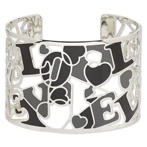 Bracelet, Avant-Garde Jewelry Collection&trade;, cuff, enamel and imitation rhodium-plated brass, black / grey / cream, 50mm wide with cutout and abstract design with "LOVE," adjustable from 7-1/2 to 8 inches. Sold individually.