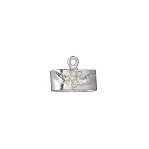 End bar 1pkg1 sterling silver, 14x7mm fancy oval cap / 10x7mm inside bar / flower & leaf design / 1sided / 12x5mm inside diameter, 3-strand