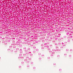 Seed bead, Miyuki, glass, pkg/250g, #15 rocaille, translucent fuchsia-lined luster crystal clear (RR-209).