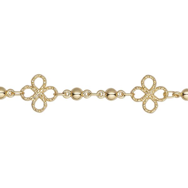 Chain 1pkg1 beaded & clover, 3mm / 8mm filigree, gold-finished brass 5 foot unfinished image number 0