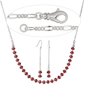 Necklace and earring set, Simple and Sleek Jewelry&trade;, sterling silver / silver-plated stainless steel / crystal, scarlet, 28 inches with lobster claw clasp. Sold per set.