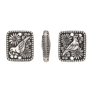 Link, TierraCast&reg;, antique silver-plated pewter (tin-based alloy), 15x13mm double-sided flat rectangle with bird and flowers design and beaded edge. Sold per pkg of 20.
