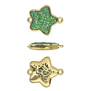 Link, Druzylite&trade;, "druzy" (resin) and gold-finished brass, green, 15x14mm two-sided star with open filigree back. Sold per pkg of 4.