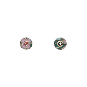 Bead 1pkg10 gold-finished, 6mm cloisonn&eacute; round / flower, copper / enamel