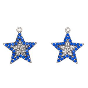 Charm, antique silver finish "pewter" (zinc-based alloy) and glass, blue and clear, 25x24mm star. Sold per pkg of 2.