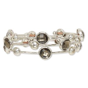 Bracelet, acrylic with imitation rhodium-plated steel memory wire and "pewter" (zinc-based alloy), smoked topaz, 25mm wide with round, adjustable from 7-1/2 to 8-1/2 inches. Sold individually.
