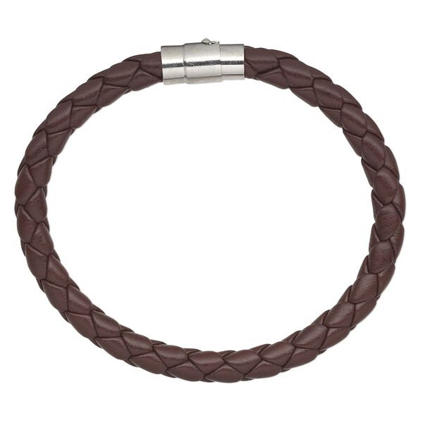 Bracelet, leatherette and imitation rhodium-plated brass, brown, 6mm wide braided, 7 inches with magnetic locking tube clasp. Sold individually. image number 0
