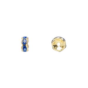 Bead 1pkg10 gold-finished, 6x3mm rondelle, brass / sapphire blue rhinestone