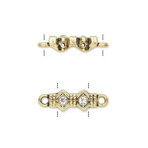 Link, glass rhinestone and antique gold-finished "pewter" (zinc-based alloy), clear, 14x7mm double-drilled bar with diamond design, fits up to 5mm bead. Sold per pkg of 10.