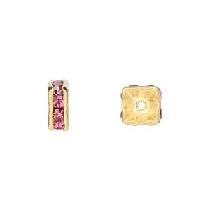 Bead 1pkg10 gold-finished, 8x4mm squaredelle, brass / rose rhinestone
