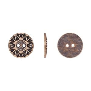 Button, antiqued copper-finished "pewter" (zinc-based alloy), 12.5mm single-sided flat round with sunburst design. Sold per pkg of 50.