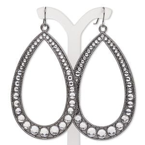 Earring, acrylic rhinestone with gunmetal-finished "pewter" (zinc-based alloy) and steel, clear, 3-3/8 inches with open teardrop and fishhook ear wire. Sold per pair.
