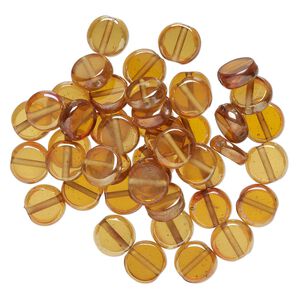 Bead, lampworked glass, translucent peach luster, 12mm puffed flat round. Sold per 2-ounce pkg, approximately 45 beads.