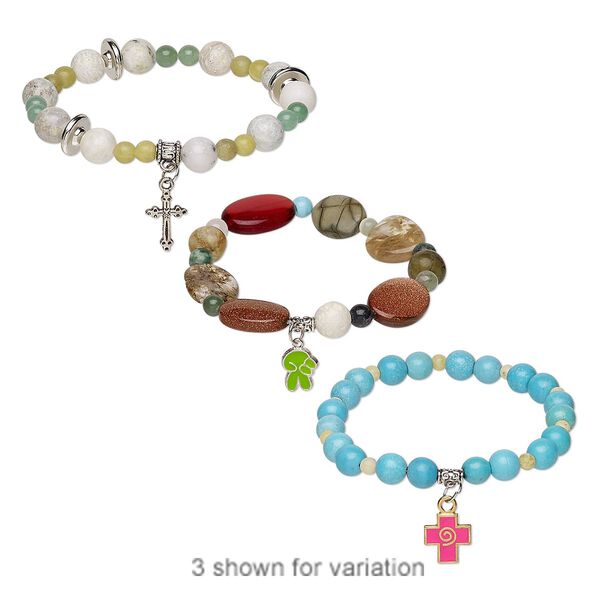 Multi-gemstone / glass / enamel 1pkg1, mixed finish stretch bracelet 7" mix 4mm-28x15mm image number 0