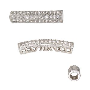 Bead 1pkg1 silver-finished, 27x7.5mm textured curved tube / cutout, brass / clear cubic zirconia
